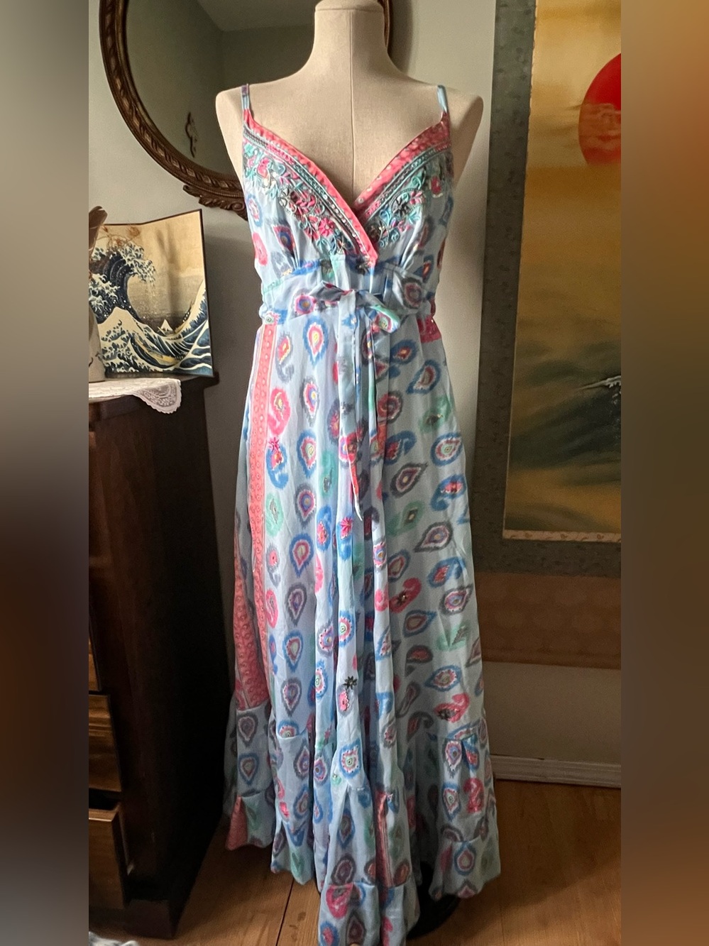 Silk Light Blue Printed Maxi Dress with Pink Accents